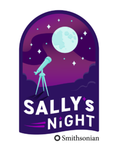 Logo for "Sally's Night" event featuring a telescope looking at the moon in the night sky.