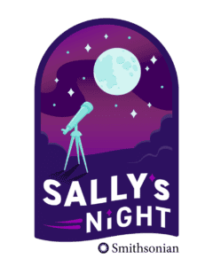 Logo for "Sally's Night" event featuring a telescope looking at the moon in the night sky.